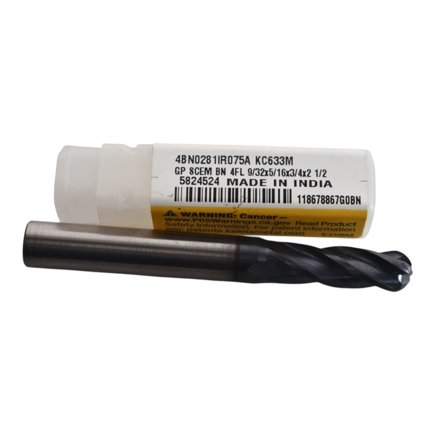 NEW Kennametal 4BN0281IR075A KC633M Ball End Mill: 9/32'' Dia, 3/4'' LOC, 4 Flute, Solid Carbide