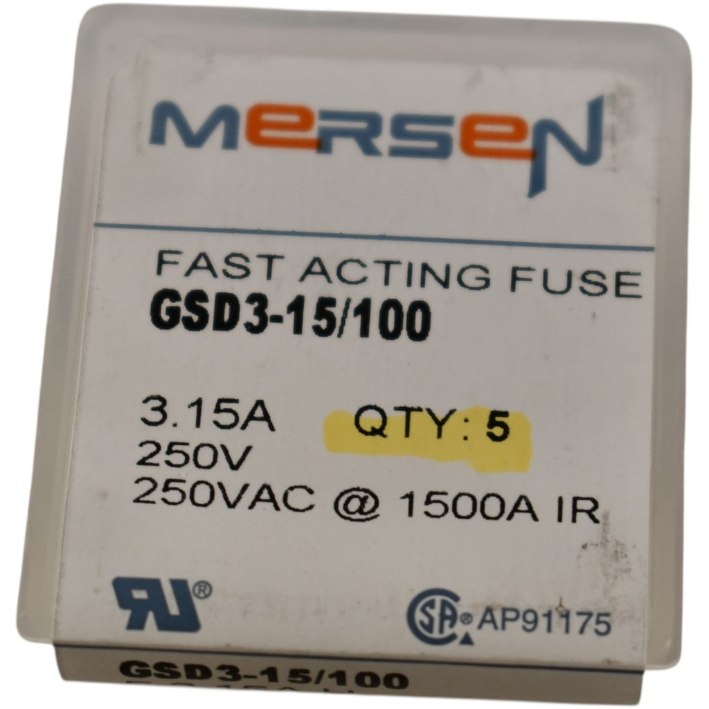 Pack of 5 NEW Mersen GSD3-15/100 Miniature fuse GSD - Fast-Acting 250VAC 3.15A Size 5x20 Ferrule