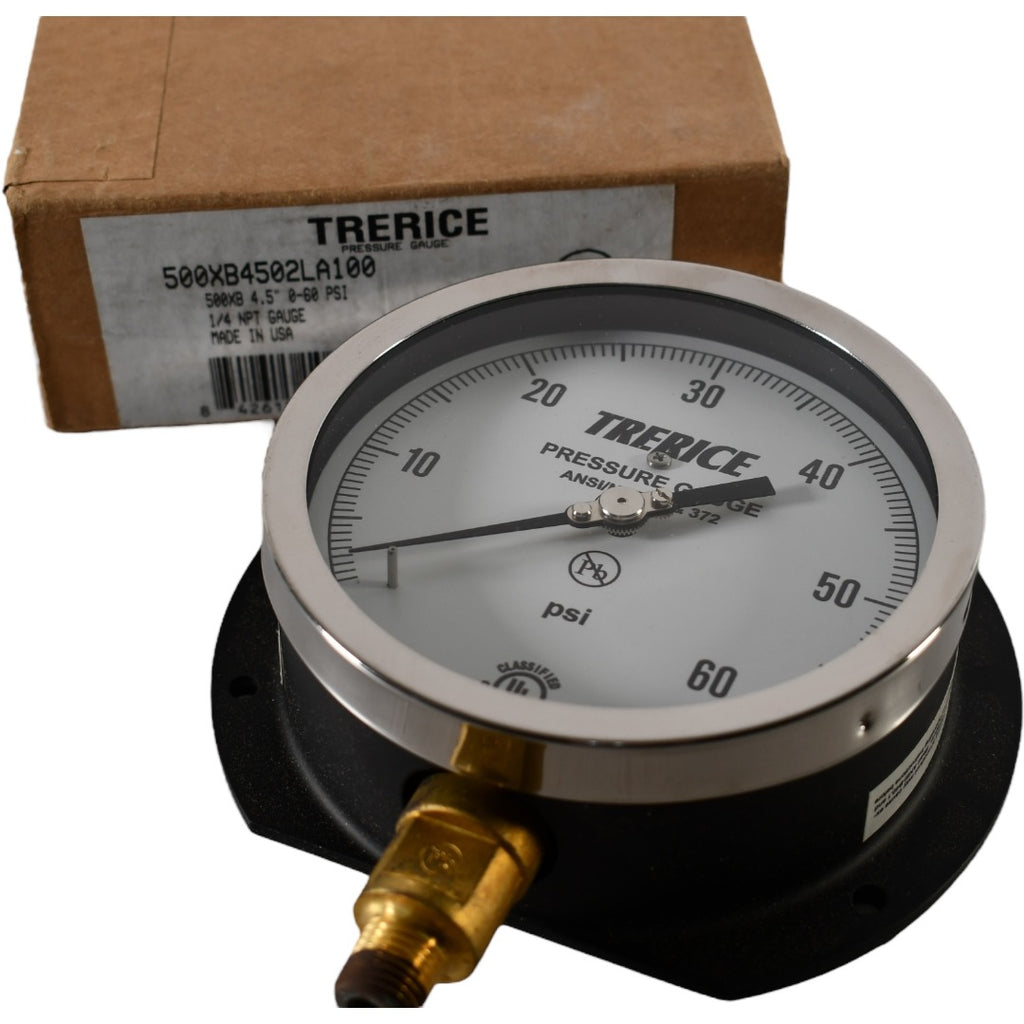 NEW Trerice 500XB4502LA100 500X Industrial Pressure Gauge, 0 to 100 psi Pressure, 1/4 in 4-1/2'' Dial