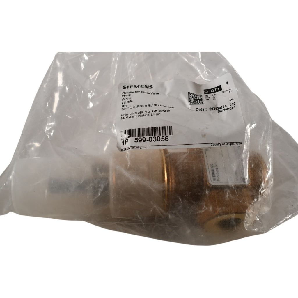 NEW Siemens 599-03056 Globe Valve, 2 Way, 1/2 in. NPT, 2.5 Cv Stainless Steel Trim, Normally Open