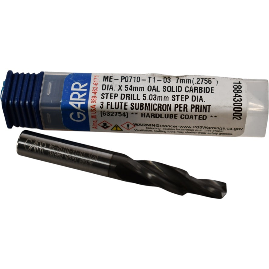 NEW GARR 632754 7mm x 54mm OAL Carbide Step Drill 5.03mm Step Dia 3FL