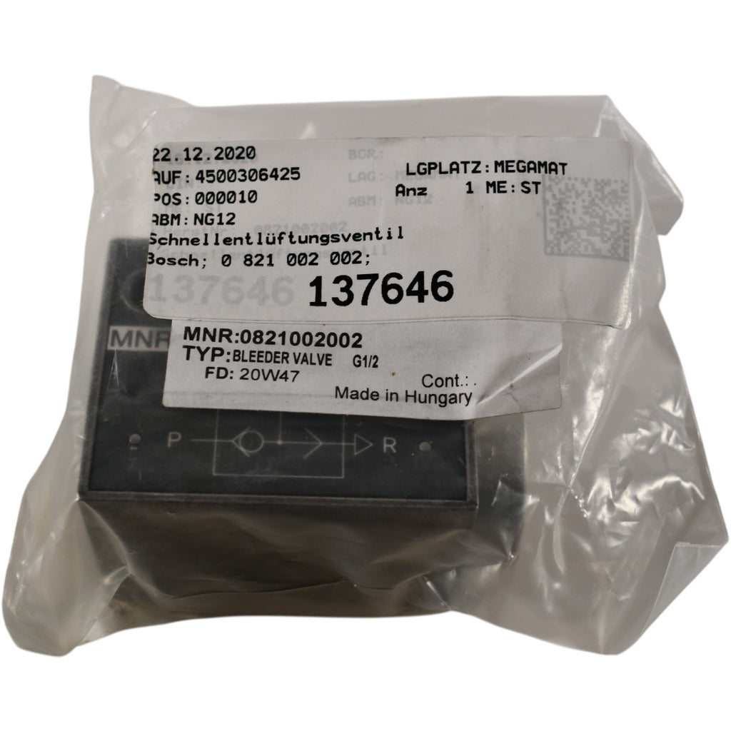 NEW Aventics 0821002002 Pneumatic Quick Exhaust Valve - G1/2 Ports, 3500/7000 l/min
