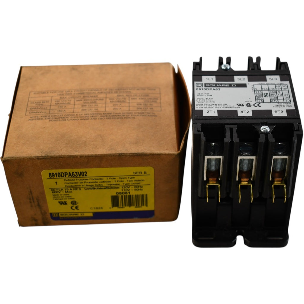 NEW Square D 8910DPA63V02 60A 3P Definite Purpose Contactor 120VAC