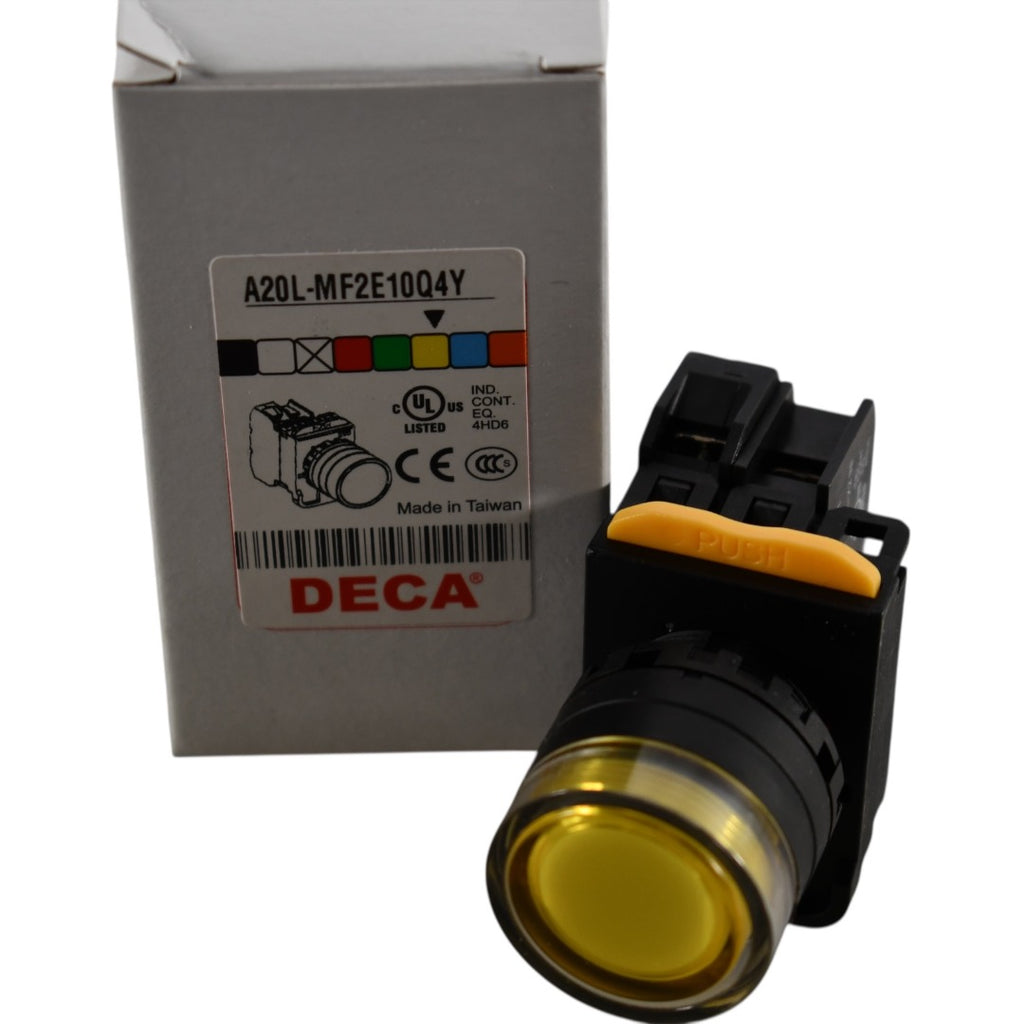 NEW DECA A20L-MF2E10Q4Y 22mm Yellow Momentary LED Pushbutton 24V 1NO