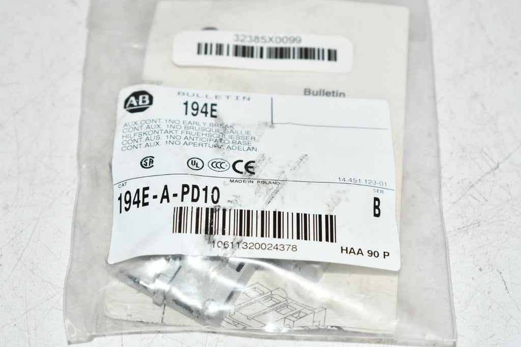 NEW Allen Bradley 194E-A-PD10 Auxiliary Contact Block,194E,1 NO Early Break,For Use With 194E A25 Through A100 Switches