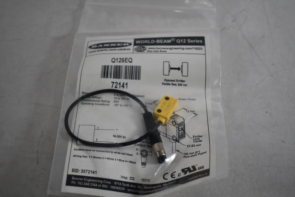NEW Banner Engineering Q126EQ Photoelectric Sensor, Emitter, 2m, 10-30VDC, QD, Q12