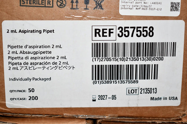 Case of 200 NEW Falcon 357558 Disposable Aspirating Pipettes