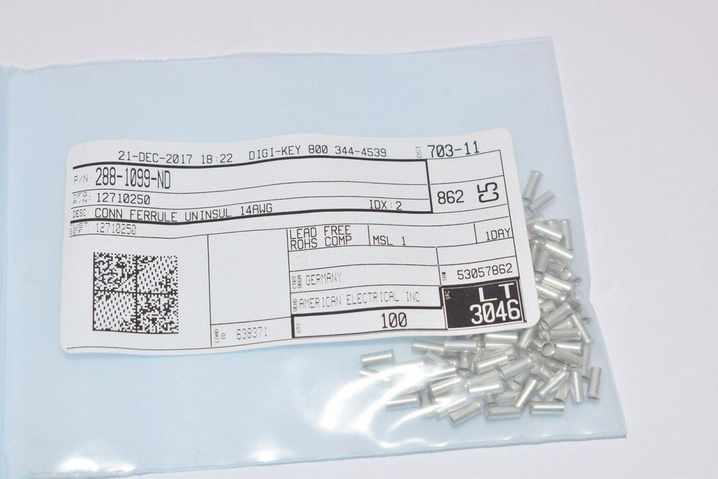 Lot of 100 NEW American Electrical Inc. 12710250 CONN FERRULE UNINSUL 14AWG CONN FERRULE UNINSUL 14AWG