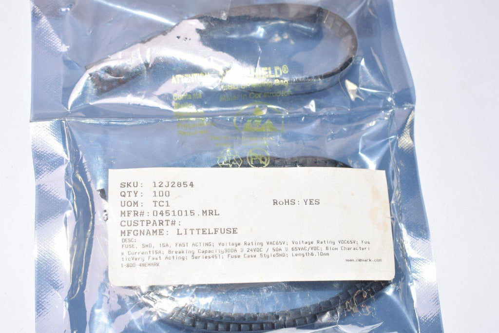 Lot of 100 NEW LITTELFUSE 0451015.MRL -  Fuse, Surface Mount, NANO2 Series, 15 A, 65 VAC