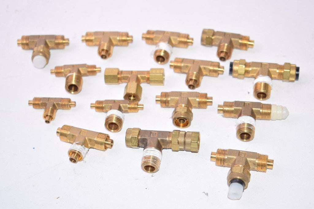 Lot of 15 Brass Parker Tee Fittings, Pneumatic, Mixed Sizes