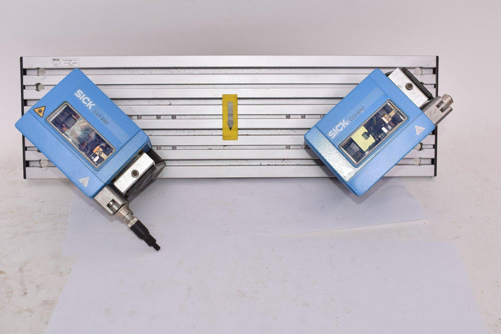 Lot of 2 SICK CLV490 Bar Code Scanners 1AMP 18-30VDC 9.5 WATT, W/ Back Mount & Attachments Inc