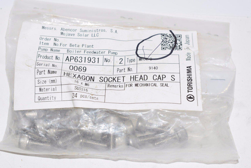 Lot of 24 NEW TORISHIMA Boiler Feedwater Pump Hexagon Socket Head Cap, AP631931