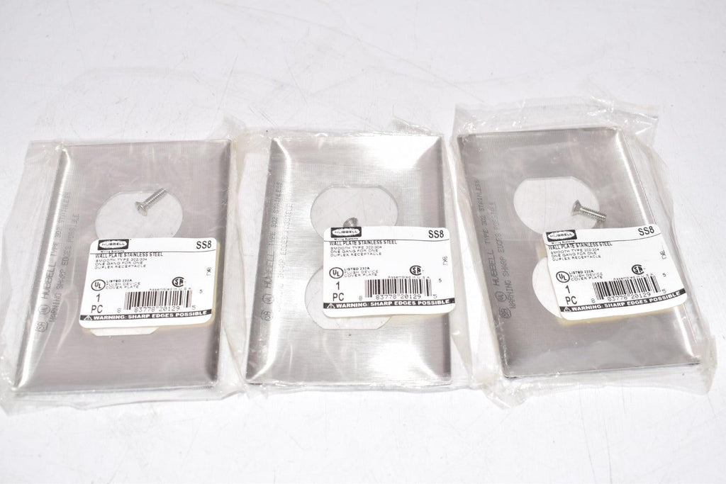 Lot of 3 NEW Hubbell Wiring 1-Gang Duplex Wall Plate 302/304 Stainless Steel SS8
