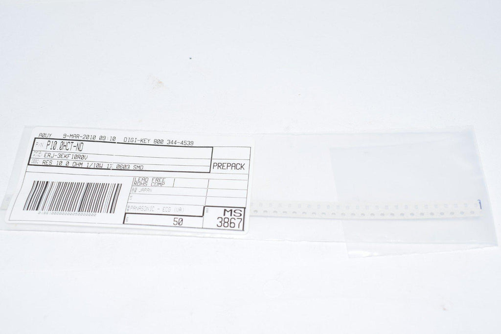 Lot of 500 NEW Panasonic ERJ-3EKF10R0V 10 Ohms �1% 0.1W, 1/10W Chip Resistor 0603 (1608 Metric) Automotive AEC-Q200 Thick Film