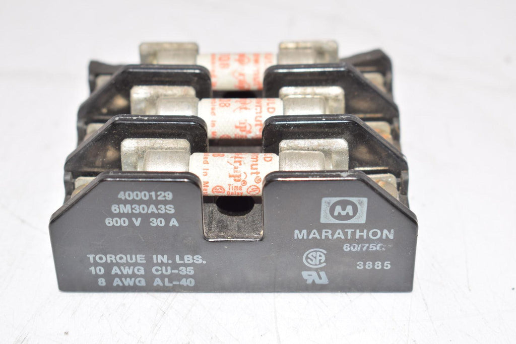 Marathon 6M30A3S 600V 30A Fuse Holder W/ Gould ATQ8 Fuses