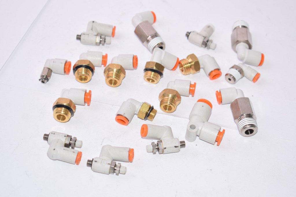 Mixed Lot of 18 SMC Pneumatic Elbow Fittings Push to Connect Mixed Sizes