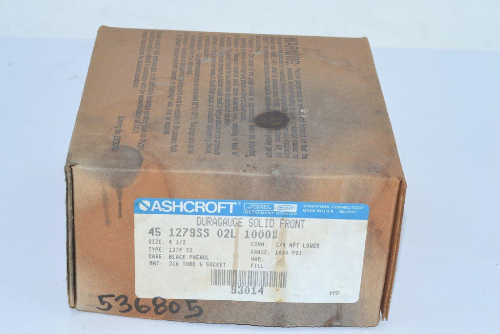 NEW Ashcroft 451279SS02L 4-1/2'' Pressure Gauge, 0-1000 PSI 1/4'' NPT Lower