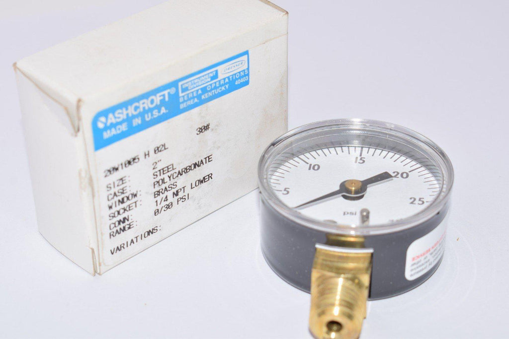 NEW, Ashcroft, Pressure Gauge, 20W1005, H02L, 30#, 2'', Steel Case, Brass Socket, 1/4 NPT Lower, 0/30 PSI