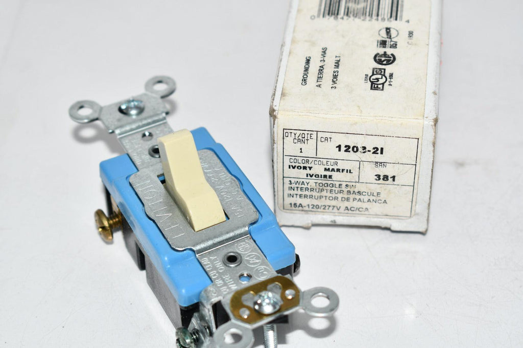NEW Leviton 1203-2I 15 Amp, 120/277 Volt, Toggle 3-Way AC Quiet Switch, Extra Heavy Duty Grade, Self Grounding, Back and Side Wired, Ivory