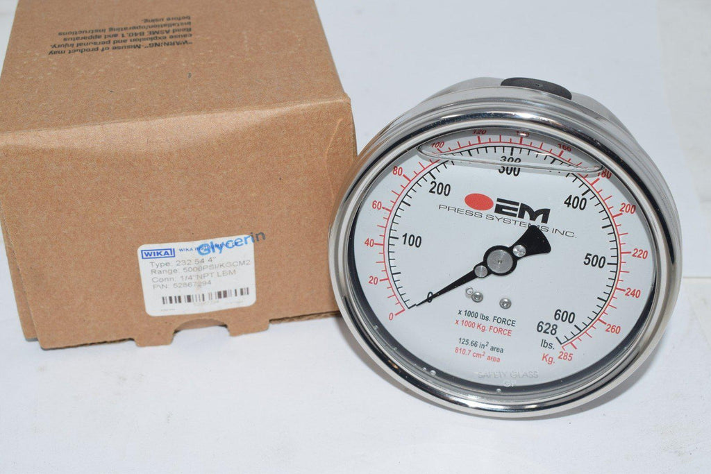 NEW OEM Press Systems 0-628 lbs. Pressure Gauge 4'' Wika 1/4'' NPT