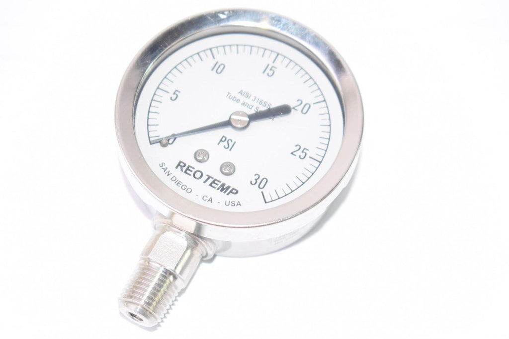 NEW REOTEMP PR25S1A4P16-G-P, 2-1/2'' Pressure Gauge 0-30 PSI Stainless Steel