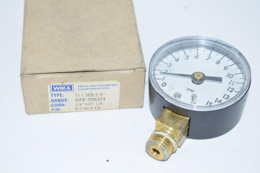 NEW Wika 8736219 Hydraulic Gauge - 15 psi, 2-1/2 in Face Diameter, Lower Mount (LM), None - Dry Case Filled