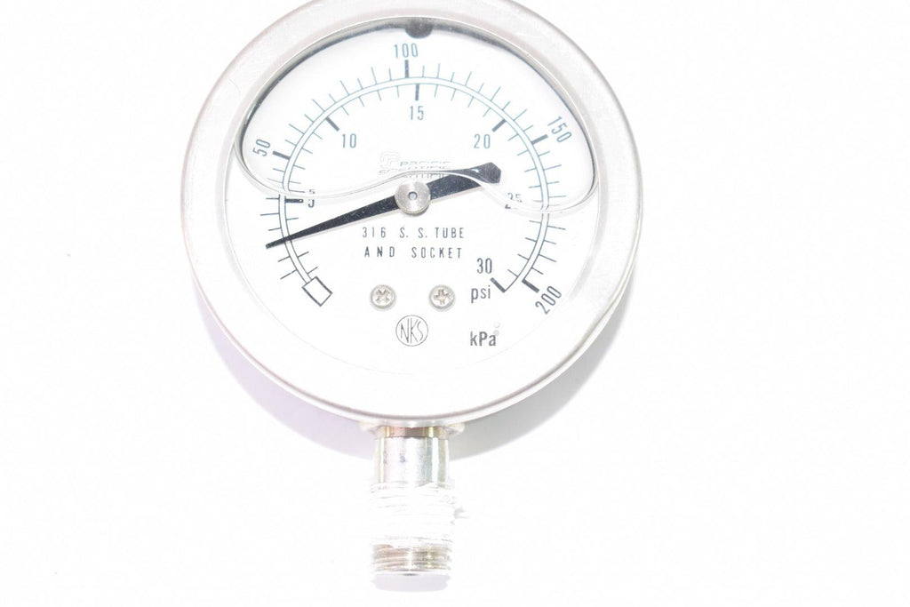 Pacific Scientific 0-30 PSI Pressure Gauge 1/4'' NPT 316 SS Tube & Socket