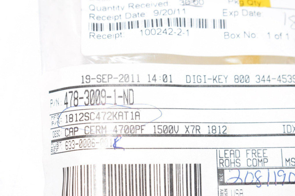 Pack of NEW  AVX Corporation 1812SC472KAT1A CAP CER 4700PF 1.5KV X7R 1812
