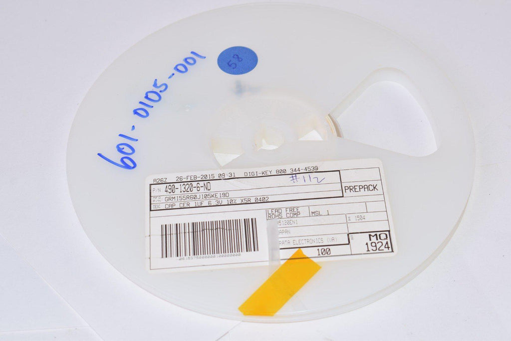 Reel of 112 NEW Murata Electronics GRM155R60J105KE19D Multilayer Ceramic Capacitors MLCC - SMD/SMT 1.0UF 6.3V 10% 0402