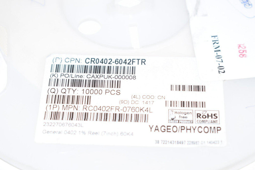 Reel of 8187 NEW Yageo RC0402FR-0760K4L 60.4 kOhms �1% 0.063W, 1/16W Chip Resistor 0402 (1005 Metric) Moisture Resistant Thick Film