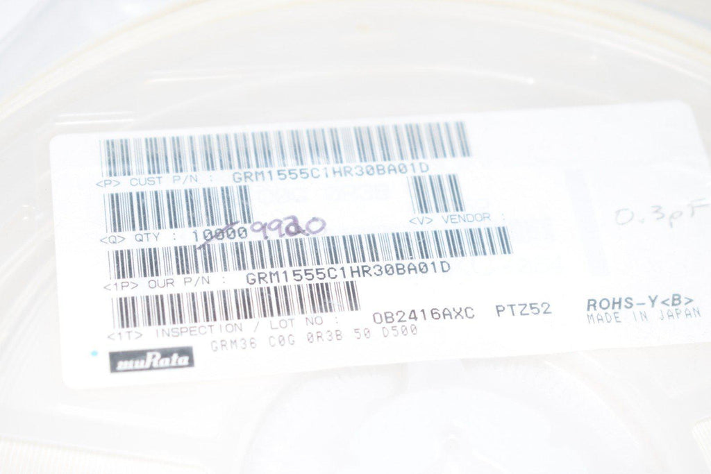 Reel of 9920 NEW Murata Electronics GRM1555C1HR30BA01D CAP CER 0.3PF 50V C0G/NP0 0402