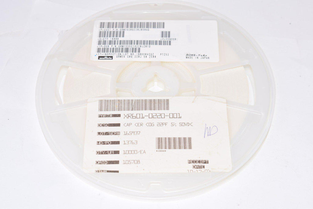 Reel of NEW Murata Electronics GRM1555C1H220JZ01D Multilayer Ceramic Capacitors MLCC - SMD/SMT 0402 22pF 50volts C0G 5%