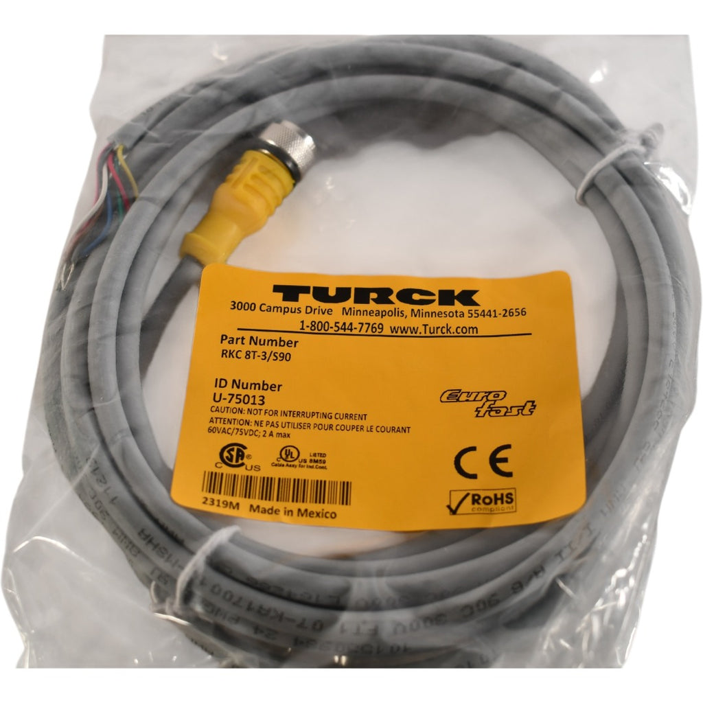 Turck Rk 9 Pin Cable NEW Turck RKC 8T-3/S90 U-75013 Single-ended mating cable cordset 3m ...