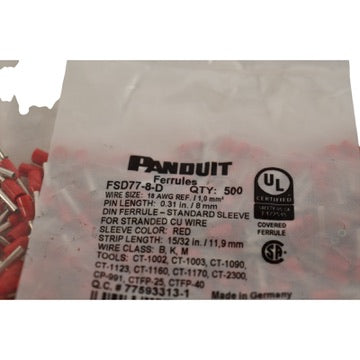 NEW Pack 500 Panduit FSD77-8-D 18AWG Ferrule Insulated Red 8mm Pin – VB ...