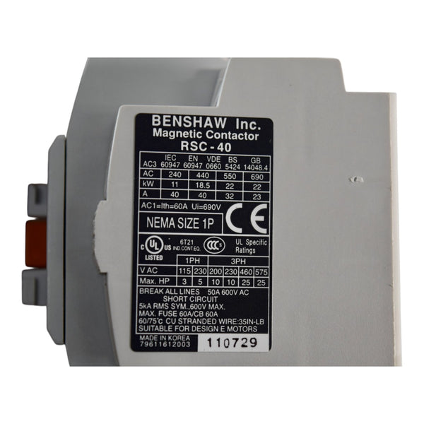 NEW Benshaw RSC-40-6AC120 Magnetic Contactor 3 Pole 40A 120V Coil 25HP ...