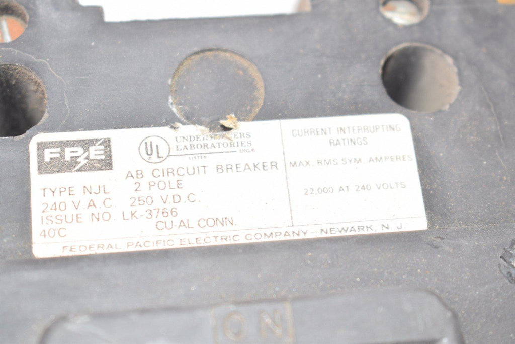 FPE Federal Pacific Electric LK-3766 Type NJL 2 Pole AB Circuit Breake ...