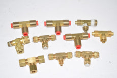 Lot of 10 Brass Tee Fittings, Pneumatic, Mixed Sizes