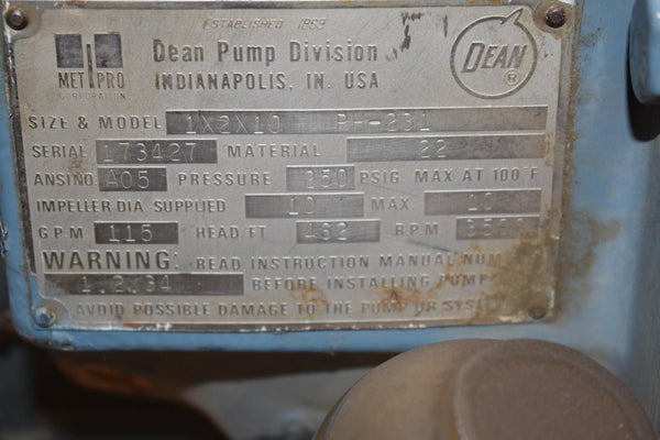 Met Pro Dean Pump Model: PH-231 Size: 1'' x 2'' x 10'' Centrifugal Pum ...