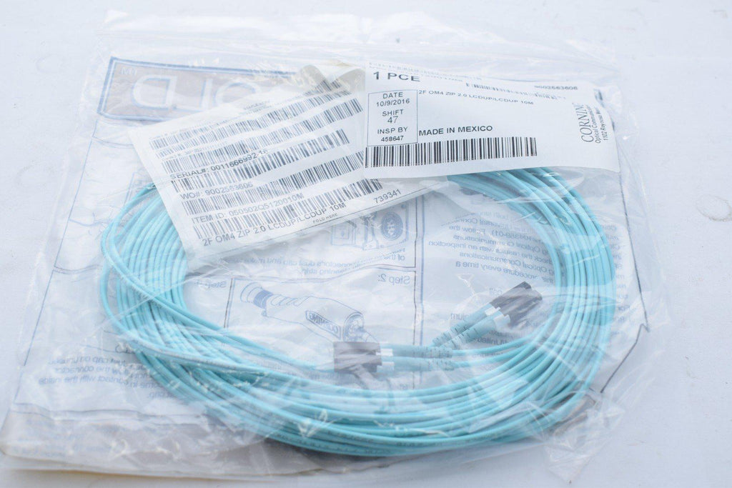 NEW CORNING 050502Q5120010M Fiber Patch Cable Standard LC Duplex MM / Standard LC Duplex MM, OM4 50um, 2F, Zipcord Riser, Standard Aqua Jacket 10 Meters