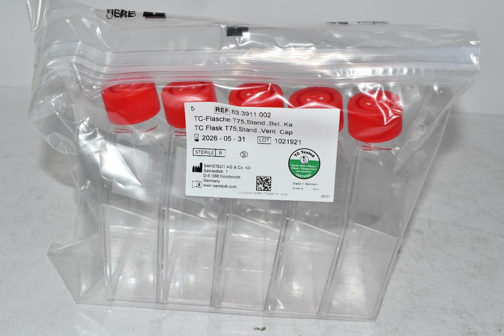 NEW Sarstedt 83.3911.002 Cell culture flask, T-75, surface: Standard, Filter cap Pack of 5
