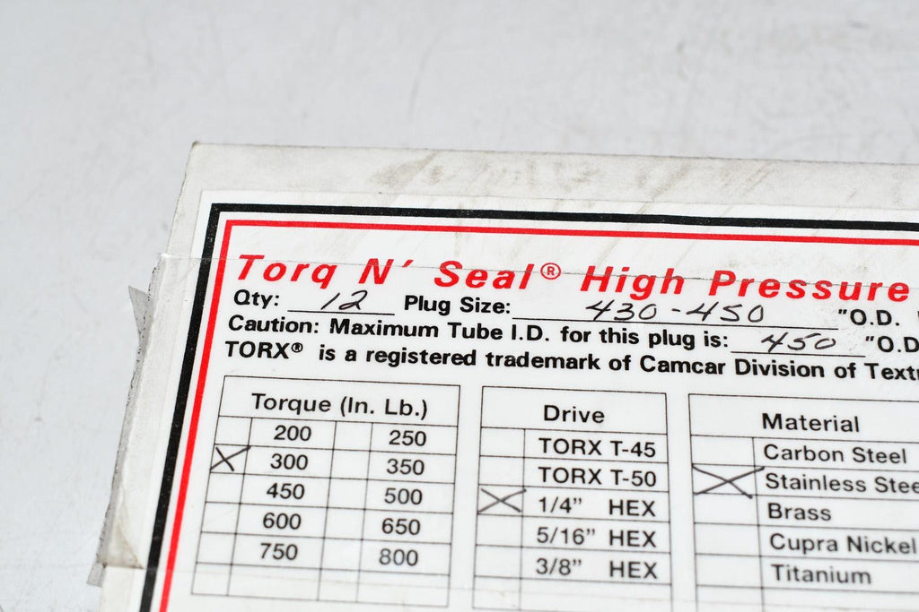 Pack of 12 NEW JNT 430450 Torq N' Seal High Pressure Tube Plug 300in